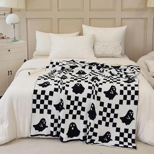 Ultra Soft Cozy Checkered Ghost Halloween Knitted Throw Blanket Fluffy Microfiber Checkerboard Bed Blanket Lightweight Both Sides Throw Blanket for Couch Sofa Bed 50"X60"Black¡­ thumbnail 3