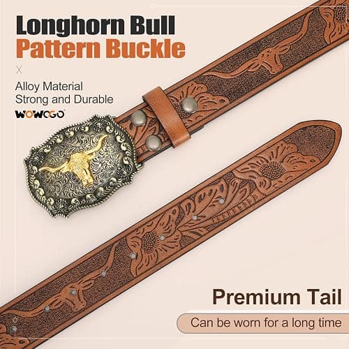 WOWOGO Women Men Western Belts Cowboy Cowgirl Country Belt Longhorn Bull Buckle Floral Embossed Belt for Jeans Dresses thumbnail 6