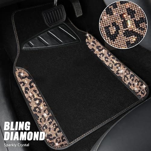 CAR PASS Bling Diamond Car Floor Mats, Shining Rhinestone Carpet Sparkly Glitter Crystal with Anti-Slip PVC Heel Pad Waterproof Universal Fit Automotive SUV,Sedan,Van,Cute Girl Women,4pcs Gold Leopard thumbnail 2