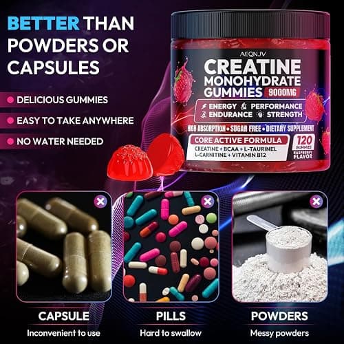 AEQNJV Creatine Gummies Monohydrate Complex 9000MG, Pre-Workout for Men & Women, Creatine Gummy with L-Taurine, BCAA 2:1, B12/6 for Muscle Support, Enhance Strength, Energy Boost-120 Count thumbnail 5