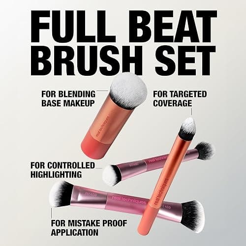 Real Techniques Full Beat Makeup Brush Set, 4 Piece Brush Kit for Foundation, Concealer, Blush, Contour, Highlight & Powder Blending, Travel Set, Soft UltraPlush Bristles, Cruelty-Free | Travel-ready glam, travel makeup brush set, makeup brush kit, concealer, contour thumbnail 2