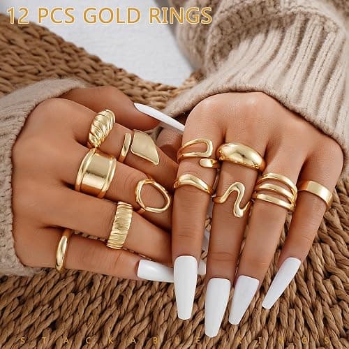 17 MILE Chunky Gold Stackable Rings for Women Non Tarnish, 18K Gold-Plated Statement Open Stacking Rings, Knuckle Band Ring Set thumbnail 5