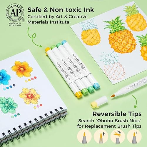 Ohuhu Alcohol Markers Brush& Fine 72 Colors for Adults Coloring Refillable | AP Certified Art Marker Set, Dual Tips Alcohol-based for Artists Beginners Drawing Illustration Sketching, Honolulu 2B thumbnail 7