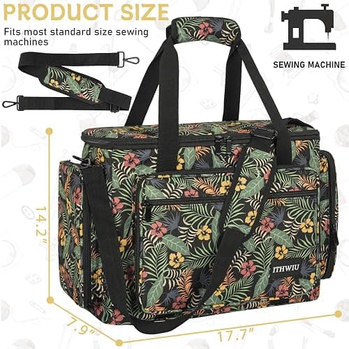 ITHWIU Sewing Machine Case with Wheels, Universal Rolling Trolley Tote with Shoulder Strap & Multiple Storage Pockets Compatible with Most Standard Singer, Brother, Janome, Floral thumbnail 3