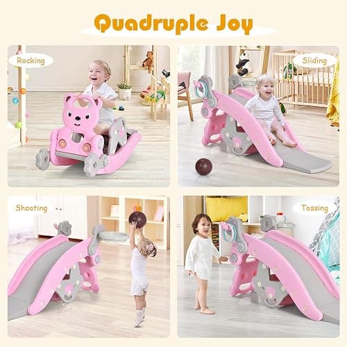 Costzon 5 in 1 Toddler Slide Rocking Toy, Slide for Kids with Detachable Stool, Basketball Hoop and Ring Game, Foldable Climber Playground Slide for Both Indoors Outdoor Use (Pink Bear) thumbnail 5