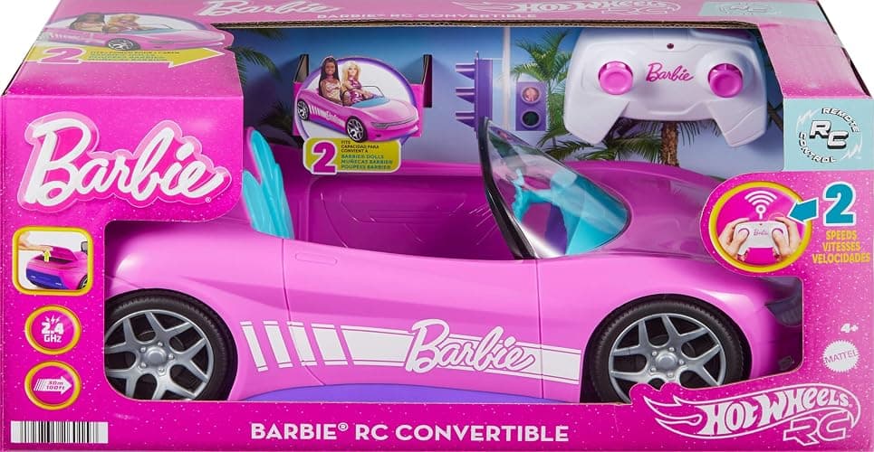 Hot Wheels Barbie RC Toy Car, Remote-Control Pink Convertible, Can Hold 2 Barbie Fashion Dolls & Trunk Opens for Storage, Sticker Sheet for Customizing thumbnail 7