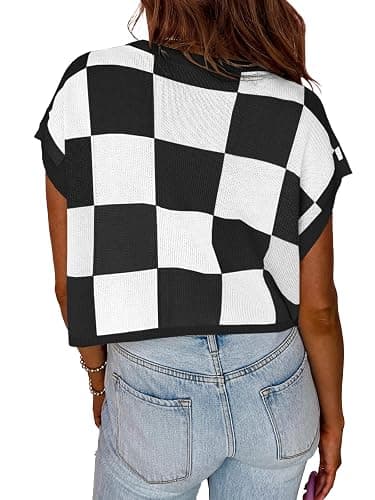 Saodimallsu Womens Cap Sleeve Crop Tops Summer Color Block Going Out Crew Neck Knit Trendy Casual Sweater thumbnail 4