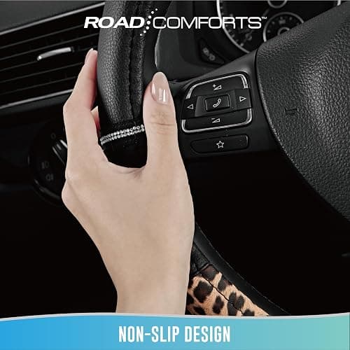 Road Comforts Leopard Steering Wheel Cover - Made with PVC Leather Cheetah Print - Anti-Slip, Universal Fit 14 1/2 inches to 15 inches - Black thumbnail 8