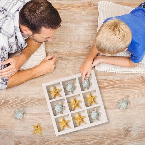 pechpell Wooden Tic Tac Toe Game Board with Resin Sea Turtle Starfish, Beach House Coastal Theme Room Coffee Table Decor, Beachy Living Room Tabletop Decorations for Home, Ocean Gifts thumbnail 2