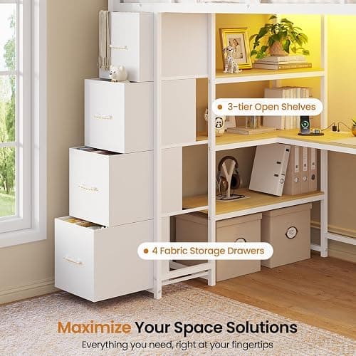 DICTAC Loft Bed Twin Size with Storage Stairs,Desk and Charging Station,Metal Twin Loft Bed with LED Lights,8 Storage Drawers,3-tier Shelves,Loft Beds for Kids,Teens,Adults with Safety Guardrail,White thumbnail 7