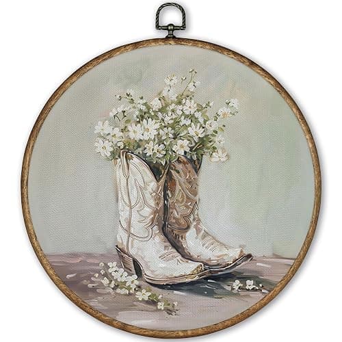 TLESKE Vintage Western Cowgirl Round Wall Art Decor Framed 10x10, Western Teen Girls Canvas Wall Art Prints Artwork, Cowboy Preppy Hanging Wall Picture Room Decor for Home Bedroom Living Room - Image 1