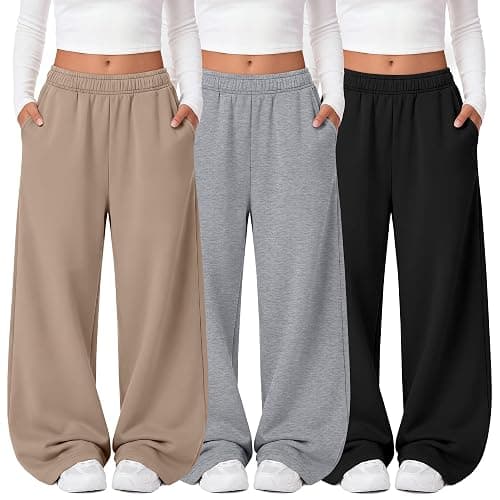 LessonZoo 3 Pack Girls Wide Leg Baggy Lightweight Sweatpants | Straight Leg Pull on Joggers, Open Bottom Pants with Pocket, Elastic Waist Stretchy Pant for School and Daily Wear, Ages 5-14 - Image 1