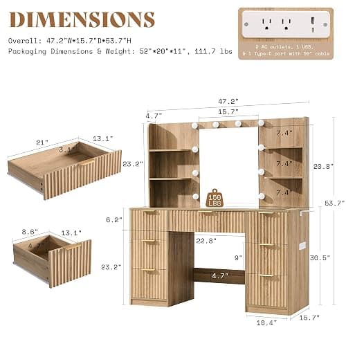 AMERLIFE 47.2" Fluted Vanity Desk with Mirror and Adjustable LED Lights, Large 7 Drawers Makeup Table with Glass Top and Charging Station for Women and Girls, Bedroom or Dorm, Natural Oak thumbnail 2