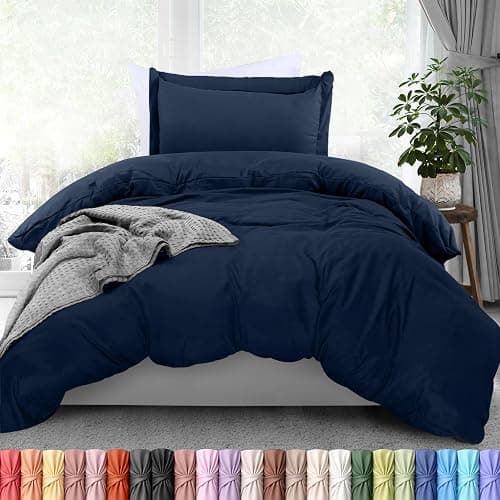 Duvet Cover Twin/Twin XL, 3 PC Cotton Like Polyester, Zipper Closure, Navy | Extra Soft and Breathable, Wrinkle & Fade Resistant, Includes Duvet Cover and 1 Pillow Sham, Comforter Not Included, OekoTex - Image 1