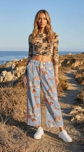 loveimgs Women Mid Rise Cropped Wide Leg Jeans Baggy Floral Ankle Pants Denim Capris Flare Print Boho Palazzo Jeans Boyfriend thumbnail 7