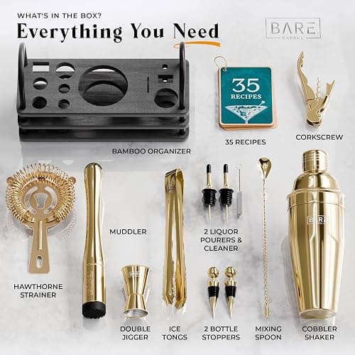 BARE BARREL® Mixology Bartender Kit Bar Set | 14-Piece Cocktail Shaker Set | Martini Barware Mixing Tools for Home Bartending | 35 Recipe Cards | Gift Set (24oz Cobbler Shaker, Gold/Black) thumbnail 4