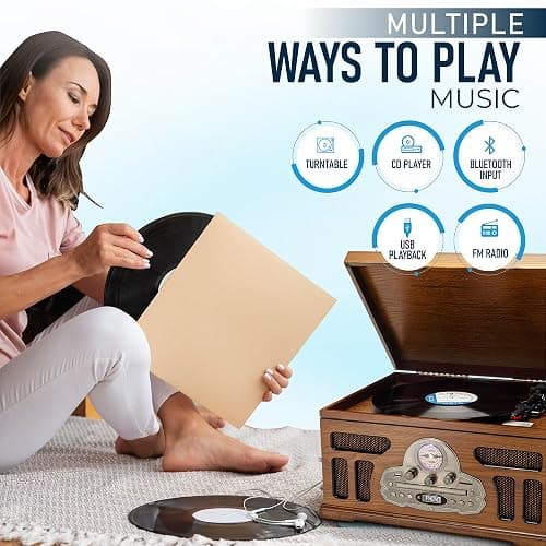 SoundBeast All-in-One Turntable with 3-Speed Record Player, Bluetooth, CD, Cassette Tape, AM/FM Radio, USB, Built-in Speakers, Handmade Wooden Exterior thumbnail 4