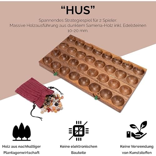 LOGOPLAY Hus - Bao - Kalaha - Mancala - Steinchenspiel - Edelsteinspiel aus Samena-Holz inkl. Edelsteinen - Schlaufenverschluss thumbnail 5