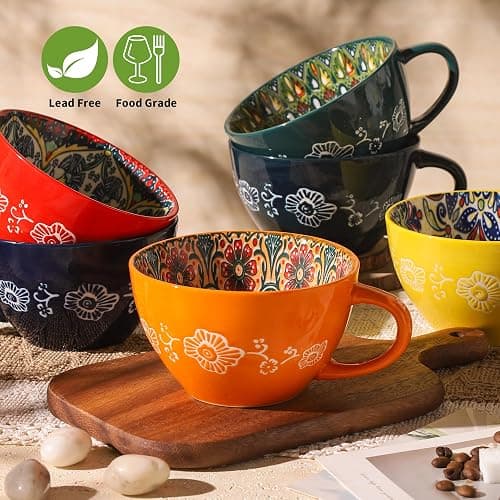 TAUFIKT Coffee Mug Set of 6, 15 oz Boho Coffee Mug Ceramic with Handle, Porcelain Tea Cups Set, 6 Pcs Coffee Cups for Cappuccino and Latte, Microwave & Dishwasher Safe, Ideal Gift for Family/Friend thumbnail 6