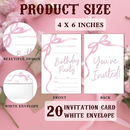 SIXEIGHT Pink Bow Birthday Invitations, Pink Ribbon Bow Birthday Party Invitations, 20 Party Invitations with Envelopes for Girls Boys, Birthday Party Favor & Decoration (4"x6")-A04 thumbnail 3