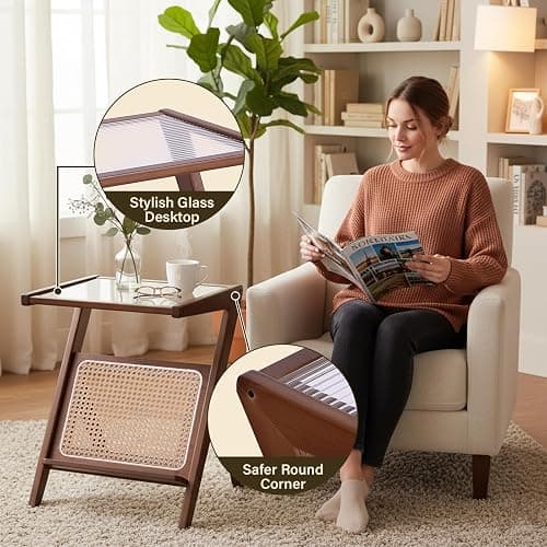 Tiita 2 Pack Rattan Side Table, Mid Century Nightstand, Bamboo Accent Bedside Tables, Glass Coffee Tables, Boho Wooden End Table with Storage for Small Space, Living Room and Bedroom thumbnail 4