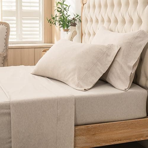 PURE ERA Jersey Knit 4pc Bed Sheet Set 100% T-Shirt Heather Cotton Super Soft Comfy Breathable Fits Mattress Up to 20" Extra Deep Pocket (Heather Beige, King) thumbnail 5