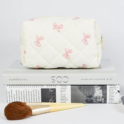 AMZMA Quilted Makeup Pouch,Cotton Puffy Makeup Bag, Coquette Cosmetic Bag for Women and Girls, Aesthetic Organizer Bag, Cute Flower Travel Toiletry Bag thumbnail 2