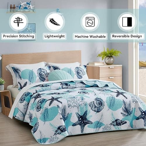 Tritard 3 Piece Coastal Full/Queen Quilt Sets Nautical Reversible Lightweight Bedspread Coverlet with 2 Shams Blue Starfish Conch Beach Microfiber Bedding Quilt Set for All Season, 90''x96'' thumbnail 2