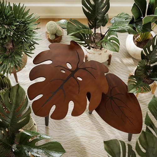 BAMEOS Monstera Leaf Nesting Tables Set of 2, Small Coffee Table Set with Leaf Vein Pattern, Modern Wooden Side Tables for Living Room Bedroom Apartment Balcony Yard thumbnail 7