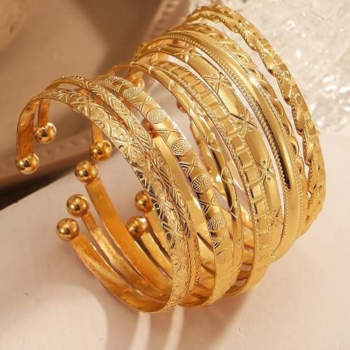 IFKM Gold Bangles Bracelets For Women, 14k Gold Plated Multi Layer Stackable Open Bracelet Set, Elegance Trendy Charms Non Tarnish Minimalist Textured Boho Jewelry Gift for Women thumbnail 4