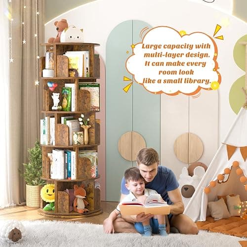 Aheaplus Rotating Bookshelf, 360 Display Wood Spinning Bookshelf Tower, 5 Tier Floor Standing Bookcase Storage Rack, Revolving Bookcase Corner Bookshelfs for Small Space, Study, Bed Room, Rustic Brown thumbnail 5