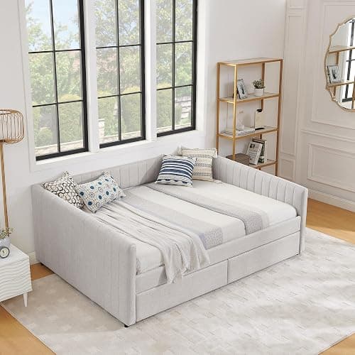 KEIKI Queen Size Linen Upholstery Daybed with 2 Drawers, Modern Style Tufted Corner Sofa Bed Frame with Solid Wooden Slats, Easy Assembly, No Box Spring Required, for Living Room, Bedroom, Beige thumbnail 7