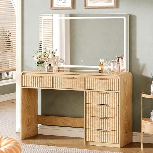 GRUTEUNIT 47“Makeup Vanity Desk with 44.8" Mirror and Lights, Vanity Desk with 7 Drawers, Makeup Vanity Table with a Glass Tabletop, 3 Color Modes & Adjustable Brightness Dressing Table, Bedroom,Oak - Image 1