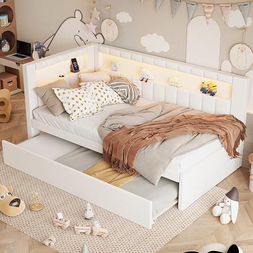 MKABAK Twin Size Daybed with Trundle and L-Shaped Bookshelf Headboard, Linen Upholstered Soft Corner Bed with Storage Shelves, Charging Station and LED Belt for Kids Boys Girls, White - Image 1