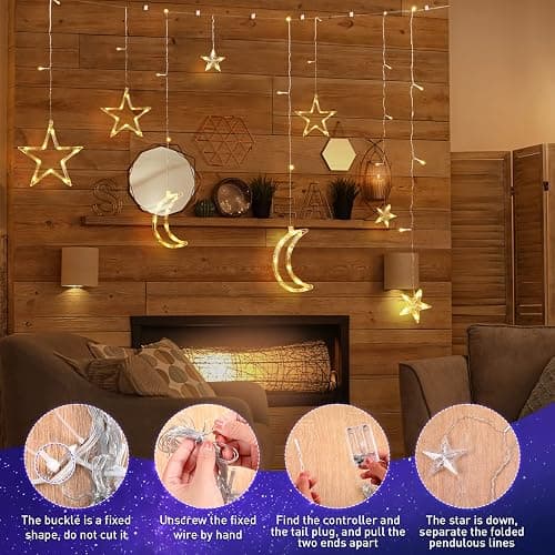 Riakrum 11.48 ft 21 LED Star and Moon String Lights Plug in Christmas Warm White Fairy Light Waterproof Decor for Bedroom USB Powered LED Curtain Light with USB Battery Box Cable Clip Wedding Party thumbnail 4