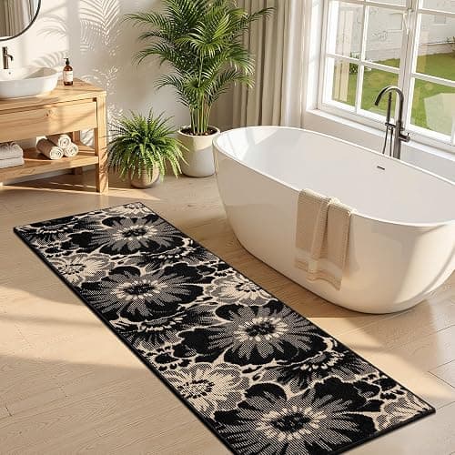 Findosom Hallway Runner Rug 2x8, Non Slip High-Low Textured Floral Washable Runner Rug with Rubber Backing, Boho Carpet Runner for Kitchen, Entryway, Bedroom, Laundry, Black & Beige thumbnail 8