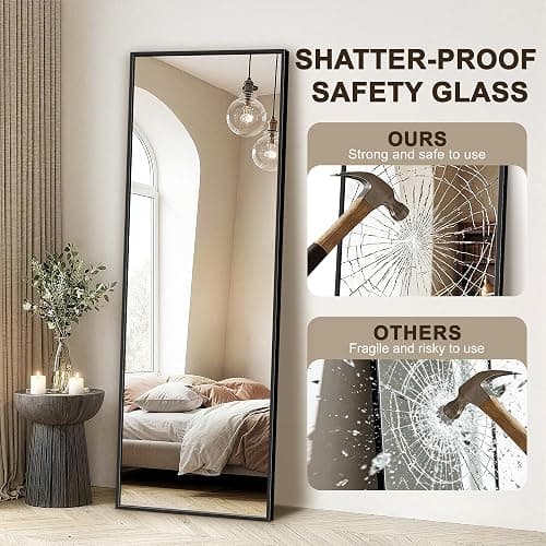 FICTOR Full Length Mirror with Stand, Floor Standing Mirror Full Body, HD Shatterproof Black Frame Wall Mirror for Bedroom, Living Room, Dressing Room & Entryway, 70"x24" thumbnail 4