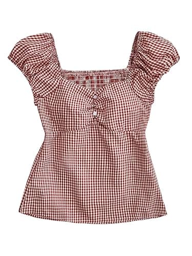 SOLY HUX Girl's Gingham Tops Y2K Cute Blouse Summer Sweetheart Neck Shirts Aesthetic Clothes - Image 1