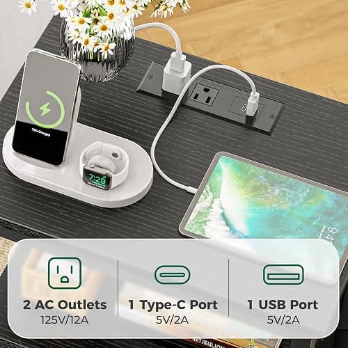 Huuger Nightstand with Charging Station, Side Table with 2 Fabric Drawers, End Table with Open Shelf, Bedside Table with USB-C Port and Outlets, Night Stand for Bedroom, Black thumbnail 4