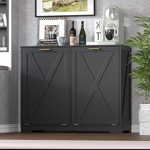 BORNOON Tilt Out Trash Can Cabinet for 2 Bins, Hidden Recycle Garbage Bin Enclosure, Wooden Double Laundry Cabinet with Odor Control, Negative Ion & Ozone, for Kitchen, Bathroom, Laundry Room thumbnail 3