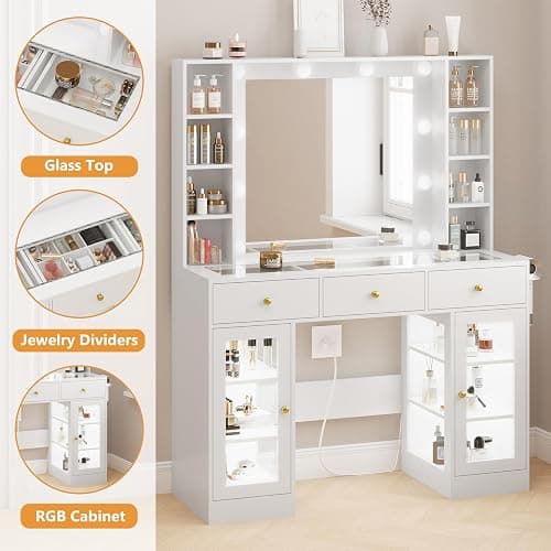 HUANLEGO White Vanity Desk with Mirror and Lights, Glass Top Vanity with Lighted Mirror & RGB Glass Cabinet and 3 Drawers, Makeup Vanity Desk with Lights Dressing Table for Bedroom, 3 Color Modes thumbnail 4