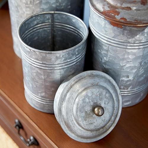 Deco 79 Metal Living Room Decorative Jars Galvanized Ribbed Decorative Container with Gold Ball Knobs, Set of 3 Jar with Lid 12", 9", 8"H, Gray thumbnail 2