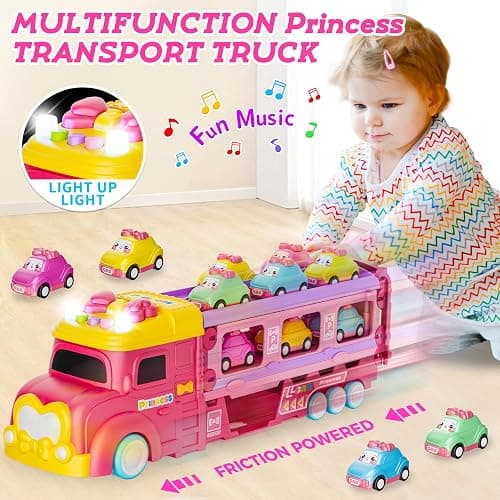 Funwee Car Toys for Age 2 3 4 5 6 7 Year Girl Toddler, Foldable Track & 2 Player Race Mode Game, Light & Sound Push Transport Carrier Truck W/ 6 Princess Car, Birthday Gift Idea for Kid thumbnail 4