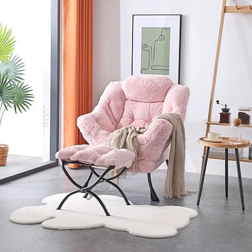 LITA Lazy Chair with Ottoman, Modern Accent Leisure Upholstered Sofa, Contemporary Lounge Reading Chair with Armrests and a Side Pocket for Living Room, Bedroom & Small Spaces, Plush Pink thumbnail 4