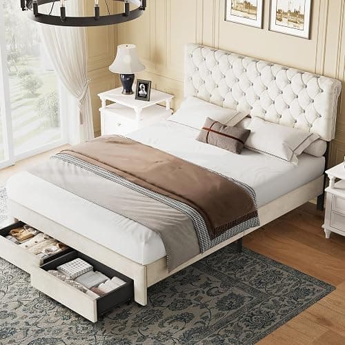 Belffin Full Bed Frame with Storage Drawer and Diamond Adjustable Tall Headboard, Modern Velvet Platform Bed Frame with Wingback Design, No Box Spring Needed, Easy Assembly, White thumbnail 6