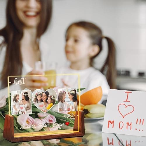 Personalized Mothers Day Birthday Gifts for Mom from Daughter Son Kids, Customized Acrylic Plaque LED Walnut Photos Frame with Night Light, Best Mom Ever Gifts for MAMA Wife Women thumbnail 2