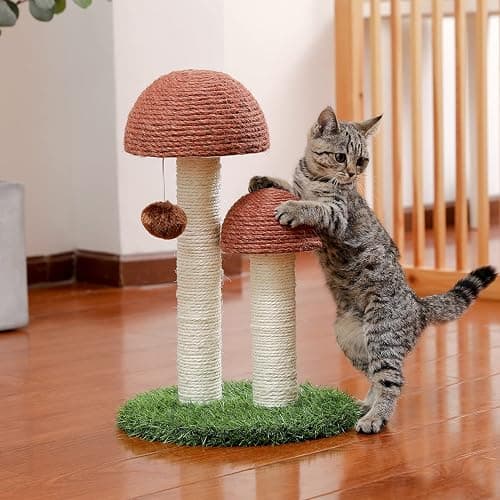 PETEPELA Cat Scratching Post, Mushroom Tall Cat Scratcher Featuring with Natural Sisal Scratching Poles and Interactive Toy Ball for Kittens and Small Cats (Brown) thumbnail 7