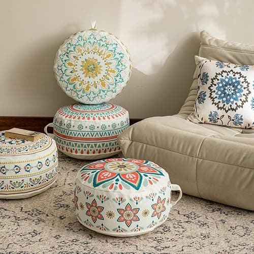 MOCOFO Round Bohemian Ottoman Pouf Cover, 18 Inch, Cotton Blend, Church Window Print, Living Room Storage Footrest, Cover Only (Green Diamond) thumbnail 5