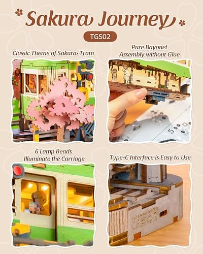 Rolife 3D Wooden Puzzle for Adults, Sakura Journey Tram DIY Model Building Kits with LED Lights, Creative Kids Craft Hobby Gift and Brain Teaser Home Decor Assembly Toy thumbnail 5