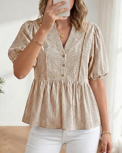 dowerme Womens Summer Tops 2026 Fashion Lantern Short Sleeve V Neck Button Peplum Shirts Spring Stripes Babydoll Blouses thumbnail 2
